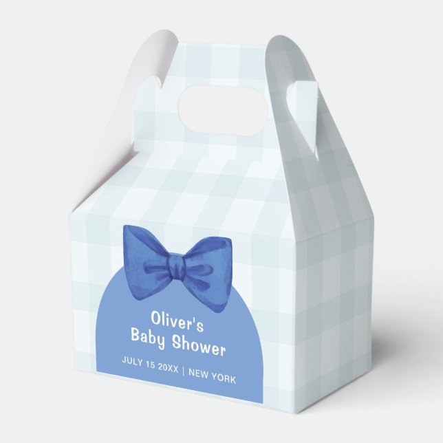 Cute Blue Arch Gingham Plaid Bow Boy Baby Shower  Favour Box (Front Side)