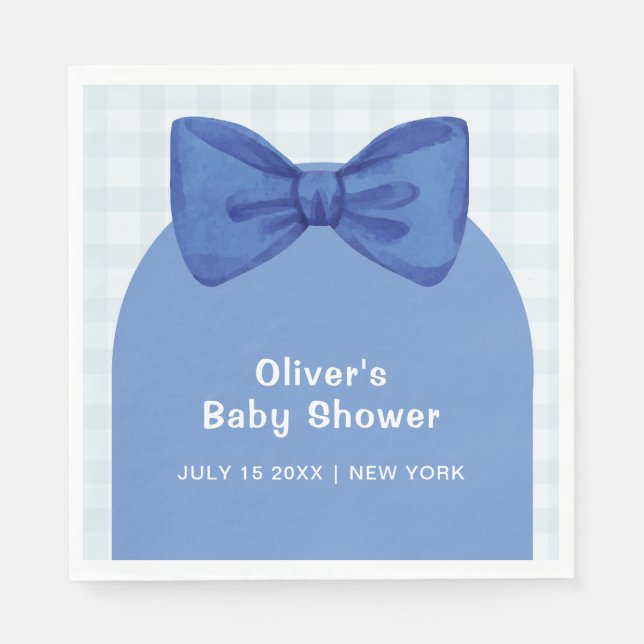 Cute Blue Arch Gingham Plaid Bow Boy Baby Shower  Napkin (Front)