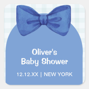 Cute Blue Arch Gingham Plaid Bow Boy Baby Shower  Square Sticker