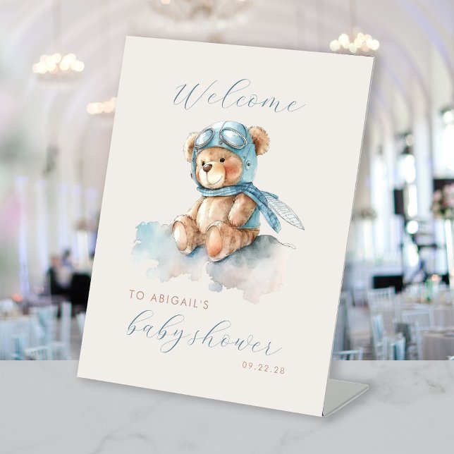 Cute Blue Aviator Bear Boys Baby Shower Welcome Pedestal Sign (Creator Uploaded)