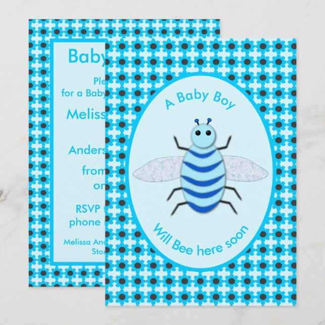 Cute Blue Baby Boy Bee Custom Baby Shower Invitation (Front/Back)