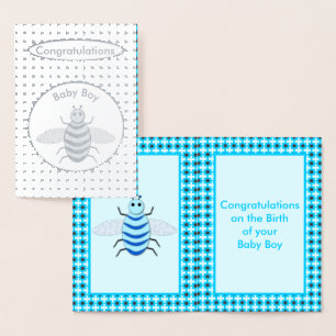 Cute Blue Baby Boy Bee Custom Congratulations Foil Card