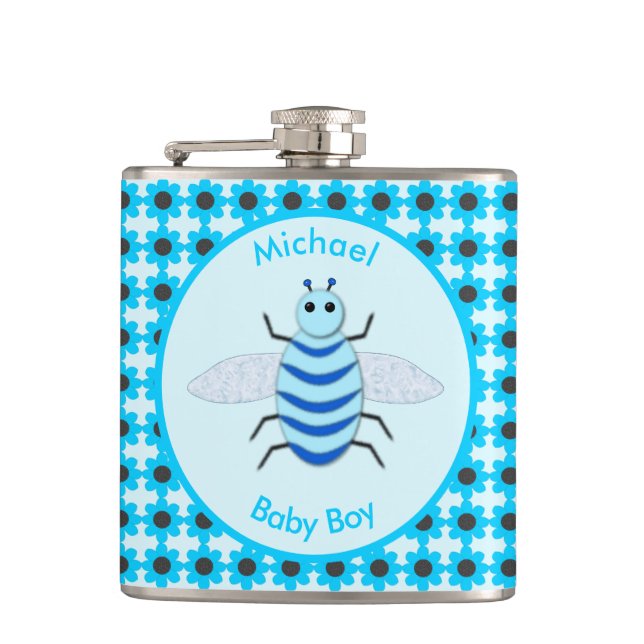 Cute Blue Baby Boy Bee Custom Hip Flask (Front)
