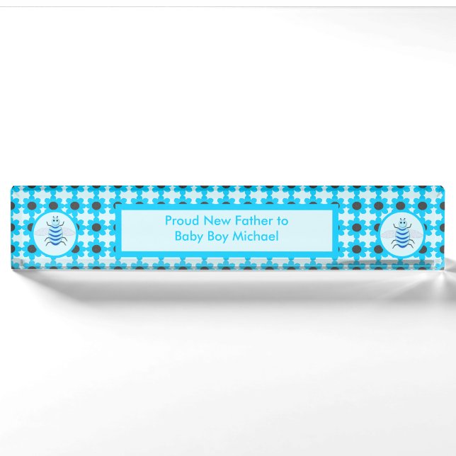 Cute Blue Baby Boy Bee Custom Nameplate (Front)