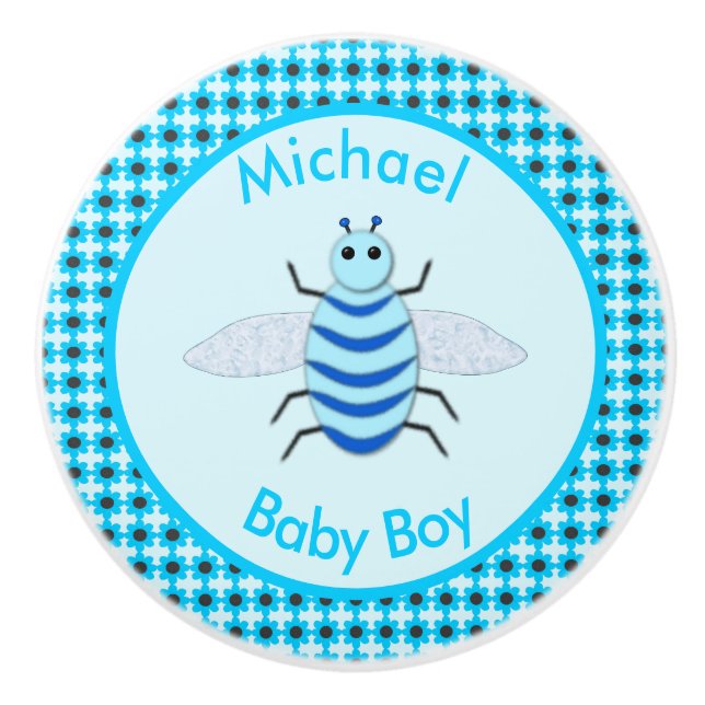 Cute Blue Baby Boy Bee Custom Nursery Ceramic Knob (Front)