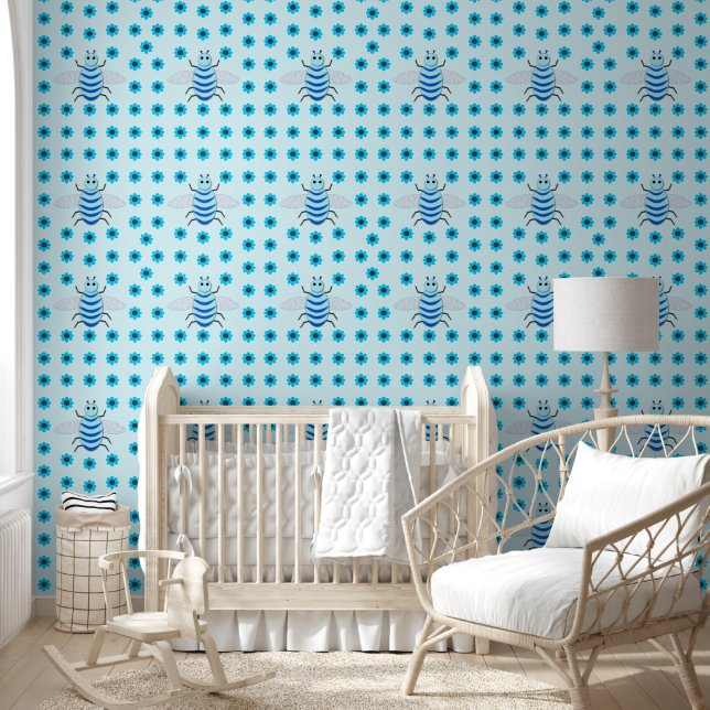 Cute Blue Baby Boy Bee Patterned Wallpaper (Kids)