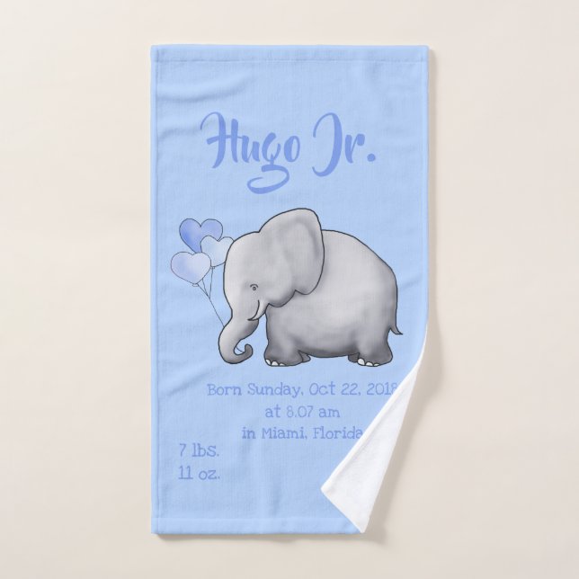 Cute Blue Baby Boy Birth Stat Elephant Nursery Hand Towel (Hand Towel)