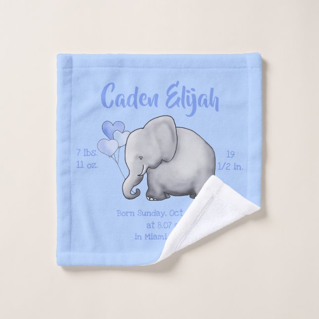 Cute Blue Baby Boy Birth Stat Elephant Nursery Wash Cloth (Wash Cloth)