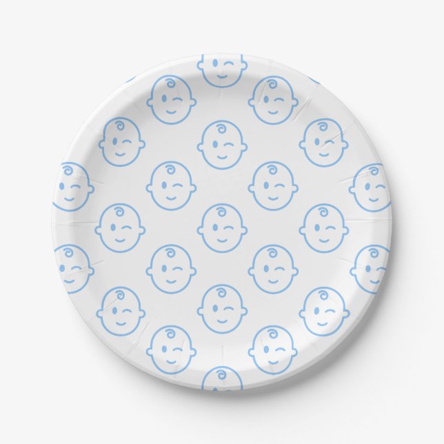 Cute Blue Baby Boy Birthday Patterned Paper Plate (Front)