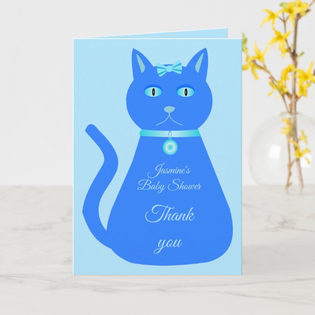Cute Blue Baby Boy Cat Custom Baby Shower Card (Yellow Flower)