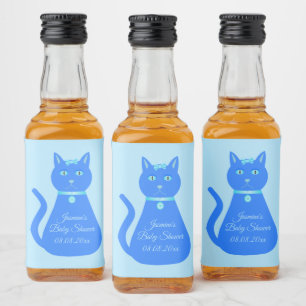 Cute Blue Baby Boy Cat Custom Baby Shower Liquor Bottle Label