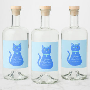Cute Blue Baby Boy Cat Custom Baby Shower Liquor Bottle Label