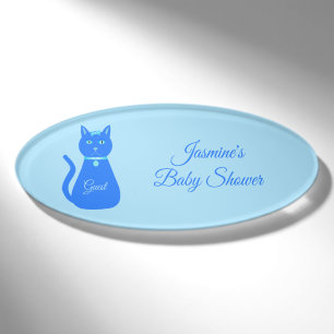 Cute Blue Baby Boy Cat Custom Baby Shower Name Tag