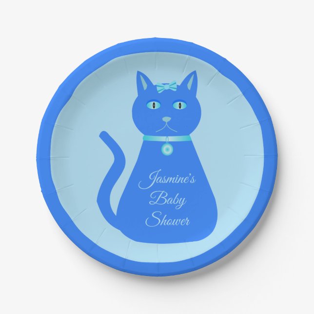 Cute Blue Baby Boy Cat Custom Baby Shower Paper Plate (Front)