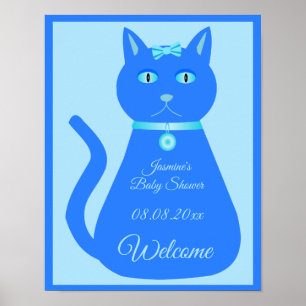 Cute Blue Baby Boy Cat Custom Baby Shower Poster