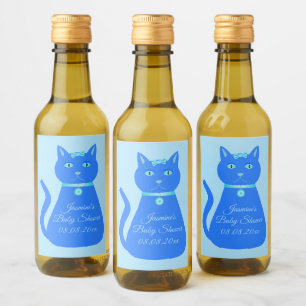 Cute Blue Baby Boy Cat Custom Baby Shower Wine Label