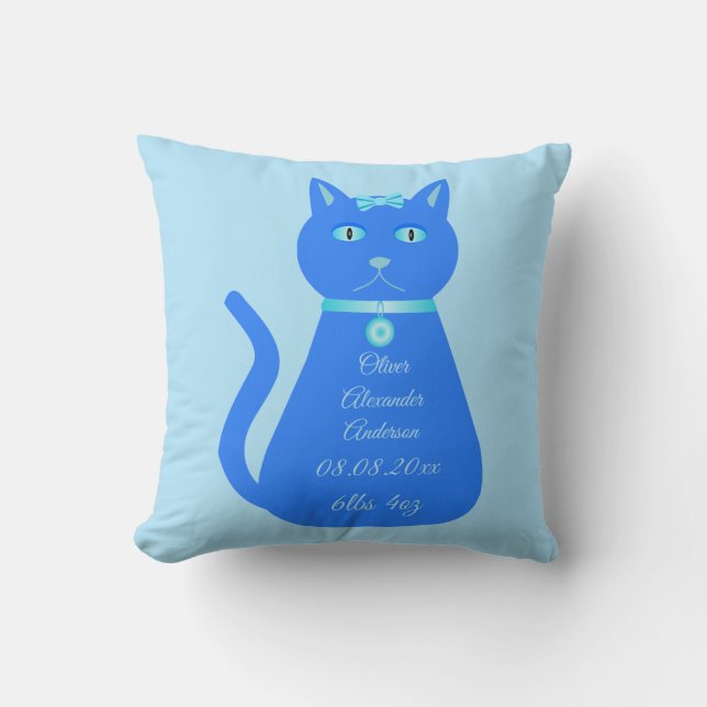 Cute Blue Baby Boy Cat Custom Birth Announcement Cushion (Front)
