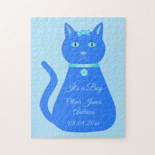 Cute Blue Baby Boy Cat Custom Birth Announcement Jigsaw Puzzle