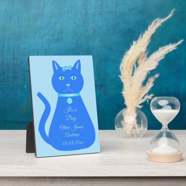 Cute Blue Baby Boy Cat Custom Birth Announcement Plaque (Side)