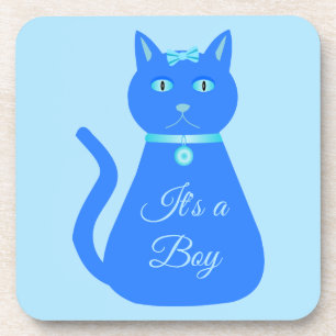 Cute Blue Baby Boy Cat Custom Gender Reveal Coaster
