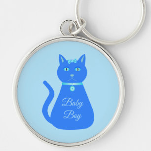 Cute Blue Baby Boy Cat Custom Gender Reveal Key Ring