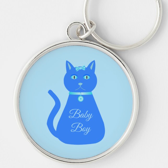 Cute Blue Baby Boy Cat Custom Gender Reveal Key Ring (Front)