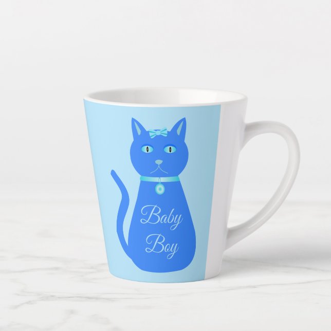 Cute Blue Baby Boy Cat Custom Gender Reveal Latte Mug (Right)