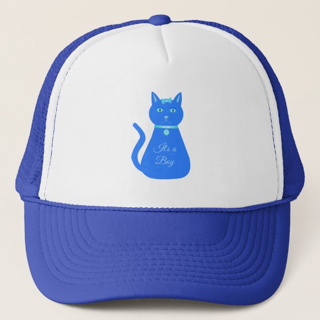 Cute Blue Baby Boy Cat Custom Gender Reveal Trucker Hat (Front)