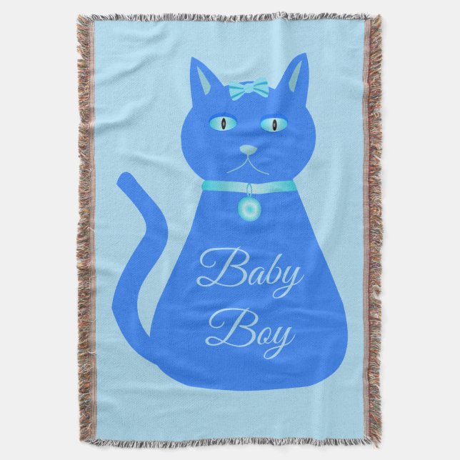 Cute Blue Baby Boy Cat Custom Throw Blanket (Front Vertical)
