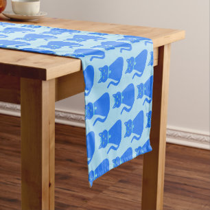 Cute Blue Baby Boy Cat Patterned Baby Shower Short Table Runner