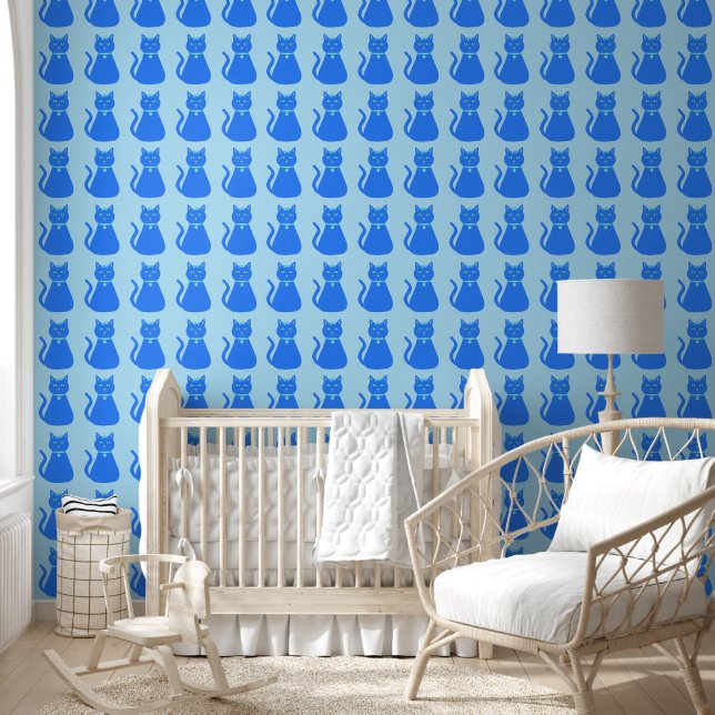 Cute Blue Baby Boy Cat Patterned Wallpaper (Kids)