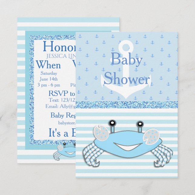 Cute Blue Baby Boy Crab Beachy Shower Invitation (Front/Back)