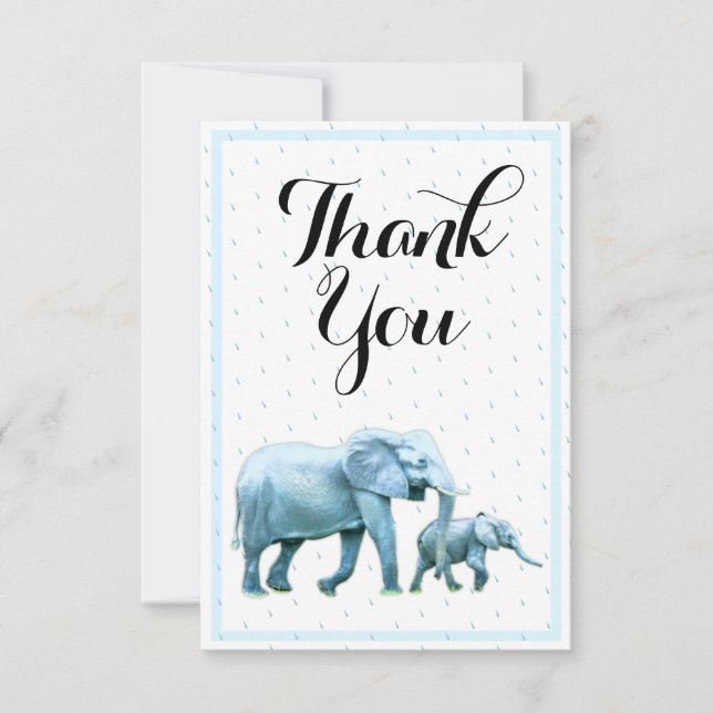 Cute Blue Baby Boy Elephants Baby Shower Thank You Card (Front)