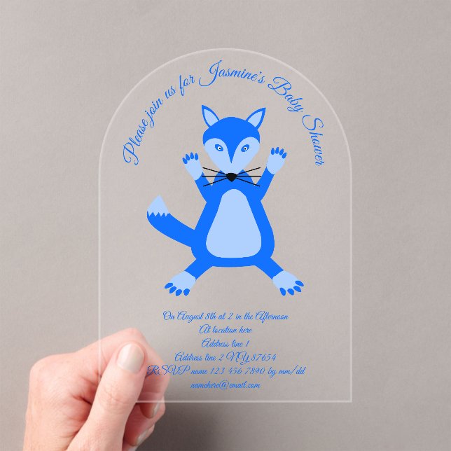 Cute Blue Baby Boy Fox Baby Shower Custom Acrylic Invitations (Insitu (Handheld))