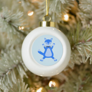 Cute Blue Baby Boy Fox Ceramic Ball Christmas Ornament