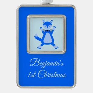 Cute Blue Baby Boy Fox Custom 1st Christmas Silver Plated Framed Ornament