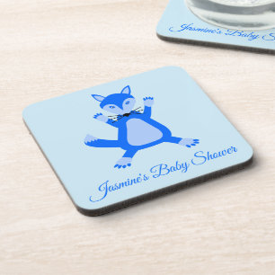 Cute Blue Baby Boy Fox Custom Baby Shower Coaster