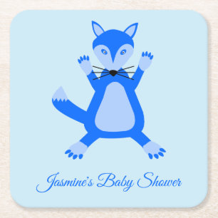 Cute Blue Baby Boy Fox Custom Baby Shower Square Paper Coaster