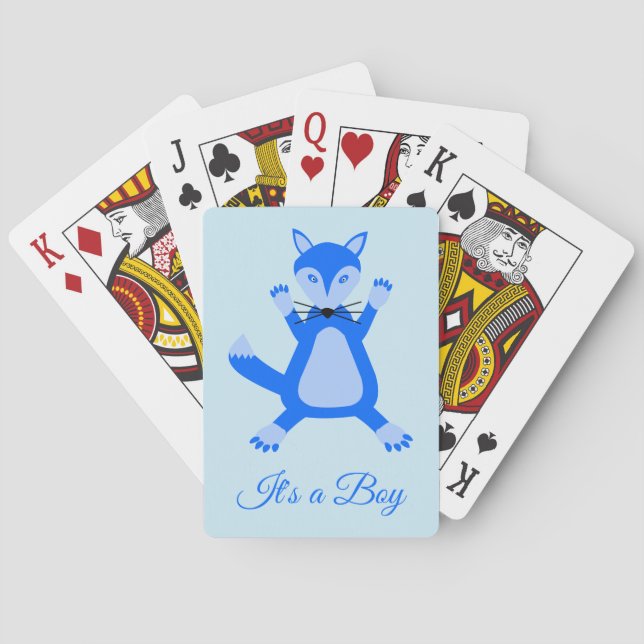 Cute Blue Baby Boy Fox Custom Gender Reveal Playing Cards (Back)
