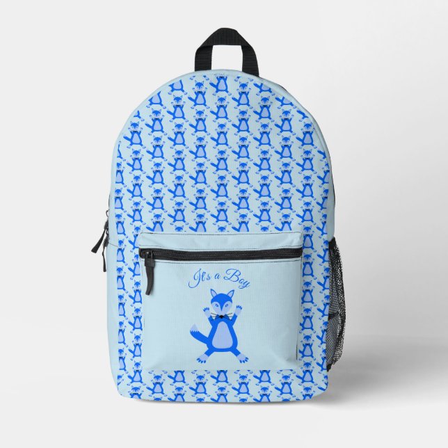 Cute Blue Baby Boy Fox Custom Gender Reveal Printed Backpack (Front)