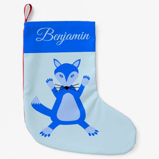 Cute Blue Baby Boy Fox Custom Name Small Christmas Stocking (Front)