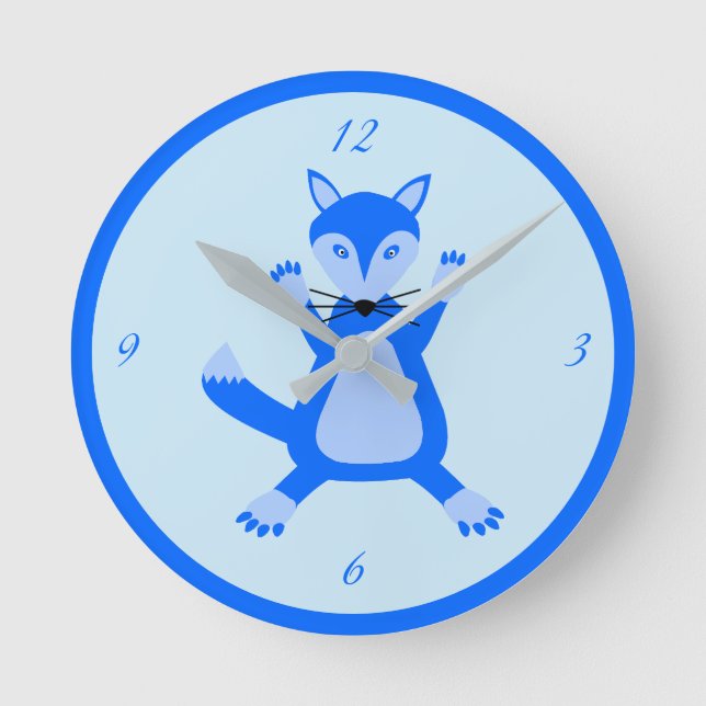 Cute Blue Baby Boy Fox Nursery Round Clock (Front)