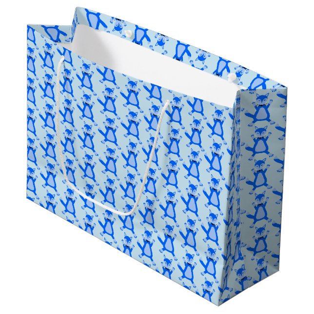 Cute Blue Baby Boy Fox Patterned Baby Shower Large Gift Bag (Front Angled)