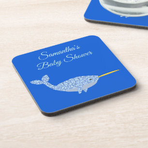 Cute Blue Baby Boy Narwhal Baby Shower Coaster