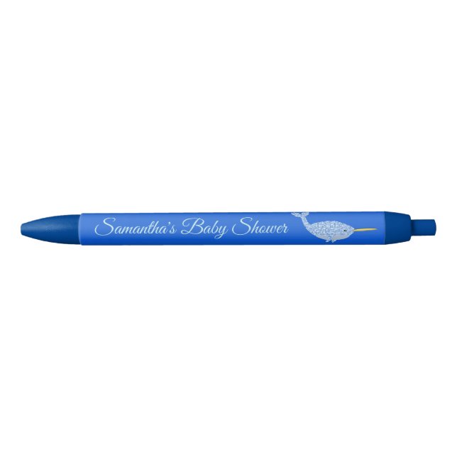 Cute Blue Baby Boy Narwhal Baby Shower Custom Blue Ink Pen (Front)