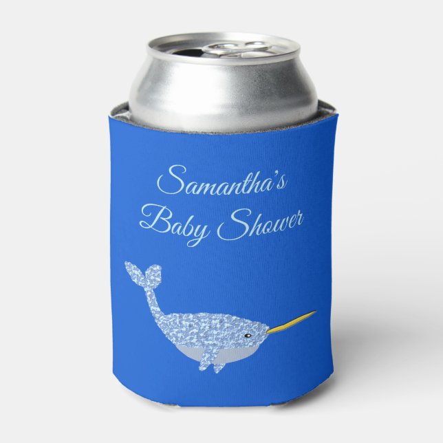 Cute Blue Baby Boy Narwhal Baby Shower Custom Can Cooler (Can Front)