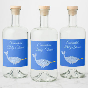 Cute Blue Baby Boy Narwhal Baby Shower Custom Liquor Bottle Label