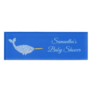 Cute Blue Baby Boy Narwhal Baby Shower Custom Name Tag