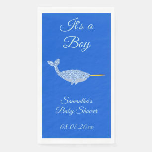 Cute Blue Baby Boy Narwhal Baby Shower Custom Napkin