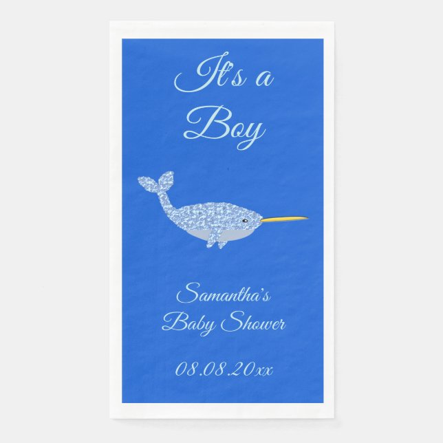 Cute Blue Baby Boy Narwhal Baby Shower Custom Napkin (Front)